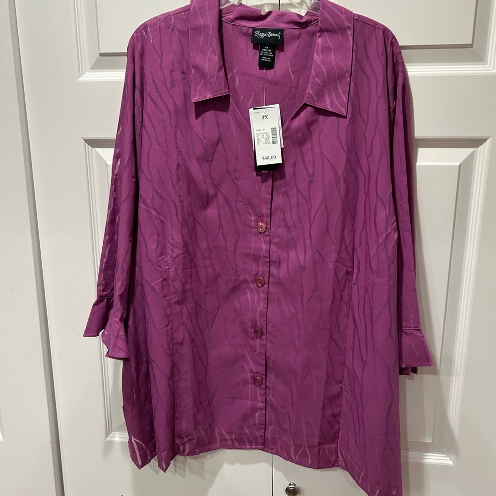 Maggie Barnes Fuchsia Button Down Shirt with Shear Bell Sleeves Size 4X NWT